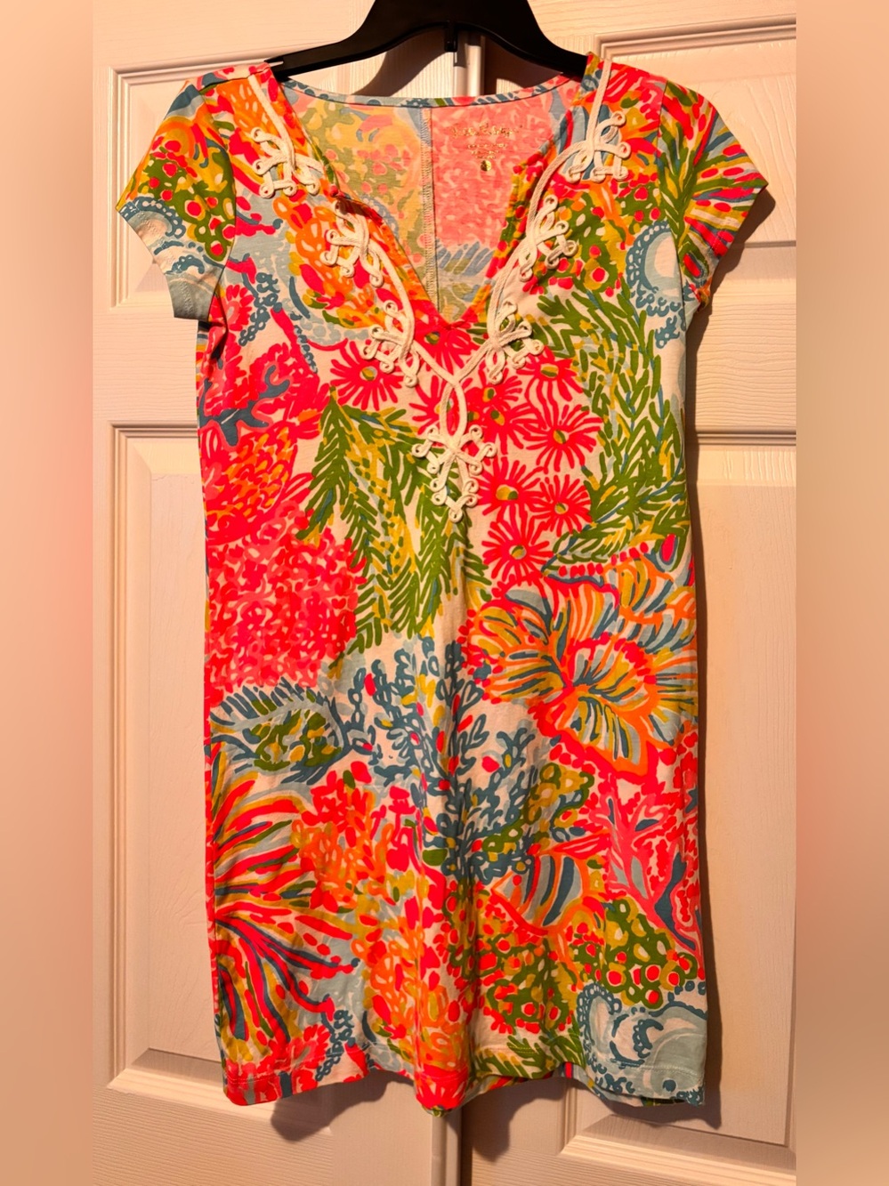 Lilly Pulitzer Coral Pink & Green Lace-Up V-Neck Floral Dress